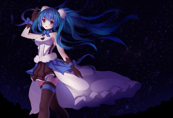 Anime picture 1500x1029 with 7th dragon 2020 vocaloid hatsune miku meng xiao jiong single blush fringe open mouth blue eyes twintails blue hair cleavage very long hair arm up wind night night sky walking girl thighhighs