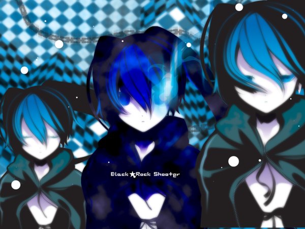 Anime picture 1280x960 with black rock shooter black rock shooter (character) uki (room 405) long hair fringe blue eyes hair between eyes blue hair eyes closed copyright name glowing glowing eye (eyes) multiple persona girl cape chain