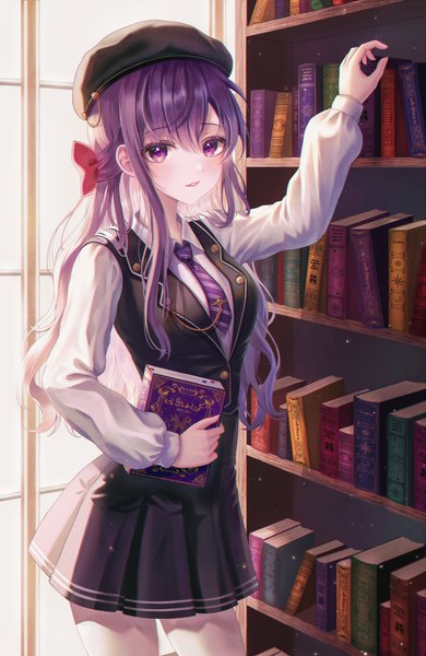 Anime picture 2600x4000 with original bobmond single long hair tall image looking at viewer blush fringe highres hair between eyes standing purple eyes holding payot purple hair indoors long sleeves parted lips pleated skirt arm up