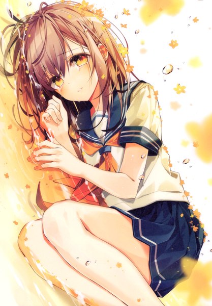 Anime-Bild 3208x4619 mit original oshio (dayo) single long hair tall image looking at viewer blush fringe highres simple background hair between eyes brown hair yellow eyes absurdres bent knee (knees) lying parted lips pleated skirt hair flower blurry