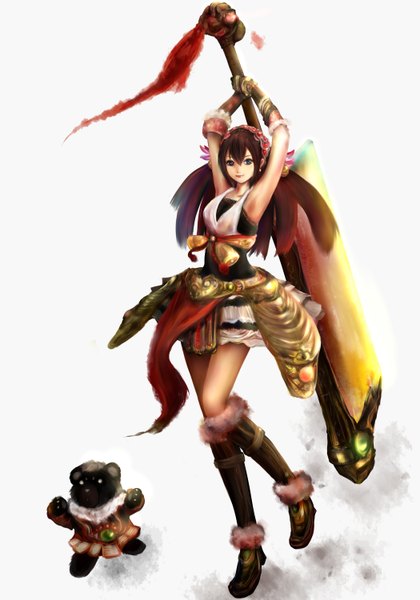Anime picture 2100x3000 with original zhang xiao bo single long hair tall image highres blue eyes brown hair girl dress weapon sword boots gauntlets bear