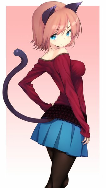 Anime picture 651x1150 with original zizi (zz22) single tall image looking at viewer short hair blue eyes bare shoulders animal ears pink hair tail animal tail pleated skirt cat ears cat tail hand on hip gradient background walking girl skirt