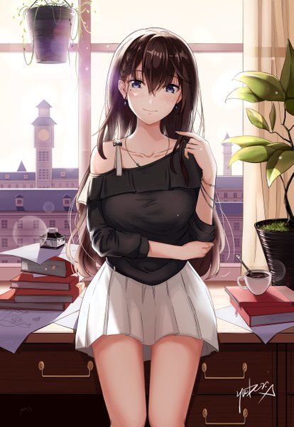 Anime picture 3425x4961 with original yuber.x single long hair tall image looking at viewer blush fringe highres hair between eyes brown hair purple eyes signed absurdres light smile mole mole under eye girl skirt plant (plants)