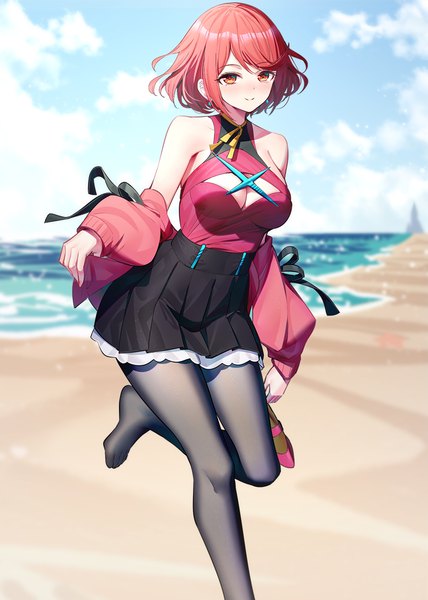 Anime picture 900x1263 with xenoblade xenoblade 2 pyra (xenoblade) ririko (zhuoyandesailaer) single tall image looking at viewer blush fringe short hair breasts light erotic smile red eyes large breasts bare shoulders sky cloud (clouds) outdoors red hair