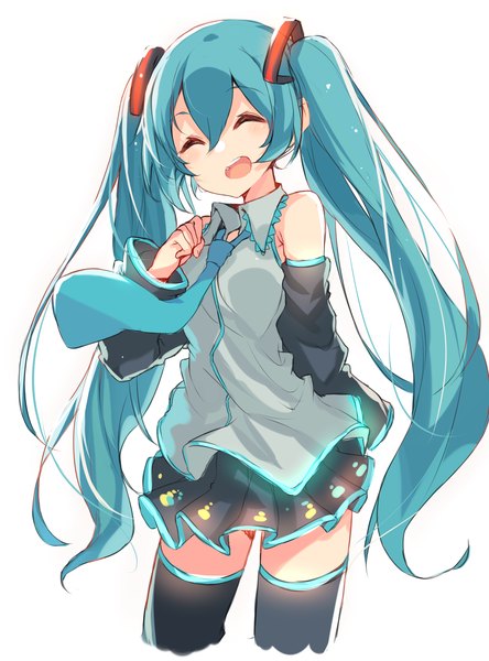 Anime picture 2590x3500 with vocaloid hatsune miku hajime kaname single long hair tall image highres open mouth simple background white background twintails eyes closed aqua hair girl thighhighs detached sleeves necktie