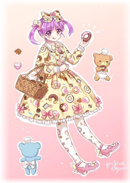 Anime-Bild 1240x1748 mit original north abyssor single tall image looking at viewer fringe smile purple eyes twintails signed purple hair long sleeves gradient background pink background lolita fashion :q outline food print sweet lolita girl