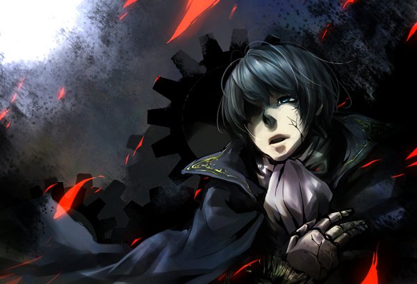 Anime picture 1500x1024 with vocaloid kaito (vocaloid) single fringe short hair open mouth blue eyes black hair hair over one eye boy cloak gears