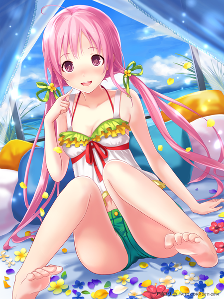 Anime picture 640x853 with ilog sakuragi kokoro occhan single long hair tall image blush fringe open mouth smile twintails bare shoulders pink hair sky cloud (clouds) bent knee (knees) indoors pink eyes barefoot bare legs