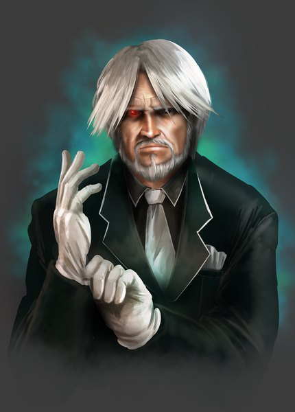 Anime picture 1406x1960 with overlord (maruyama) madhouse sebas tian dlot hetare single tall image looking at viewer short hair red eyes white hair grey background glowing portrait glowing eye (eyes) adjusting clothes adjusting gloves boy gloves shirt necktie