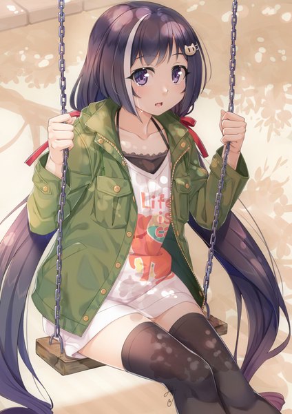 Anime picture 827x1169 with princess connect! re:dive princess connect! karyl (princess connect!) karyl (real) (princess connect!) miri (ago550421) single tall image looking at viewer blush fringe open mouth black hair sitting purple eyes twintails holding signed payot bent knee (knees) outdoors
