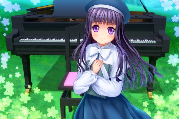 Anime picture 1793x1200 with card captor sakura clamp daidouji tomoyo mutsuki (moonknives) single long hair looking at viewer blush highres smile purple eyes purple hair girl dress flower (flowers) beret piano