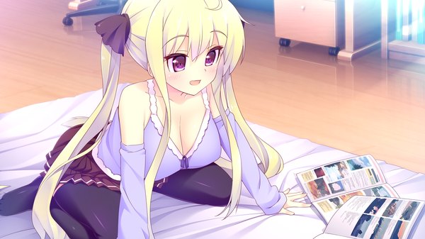 Anime picture 2168x1220 with zutto sukishite takusan sukishite kamijou raika long hair blush highres breasts open mouth light erotic blonde hair wide image large breasts purple eyes twintails game cg girl thighhighs black thighhighs