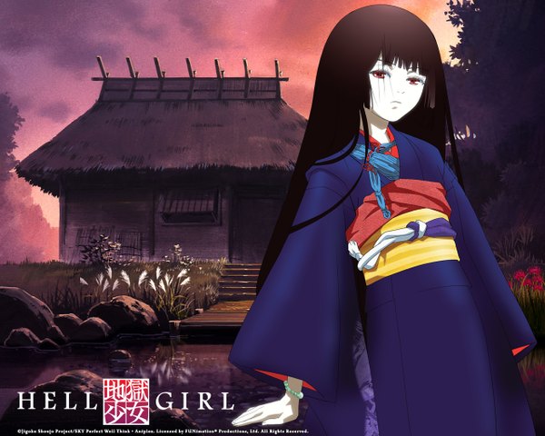 Anime picture 1280x1024 with hell girl studio deen enma ai single long hair looking at viewer black hair red eyes sky traditional clothes japanese clothes copyright name white skin girl plant (plants) tree (trees) kimono building (buildings) obi house