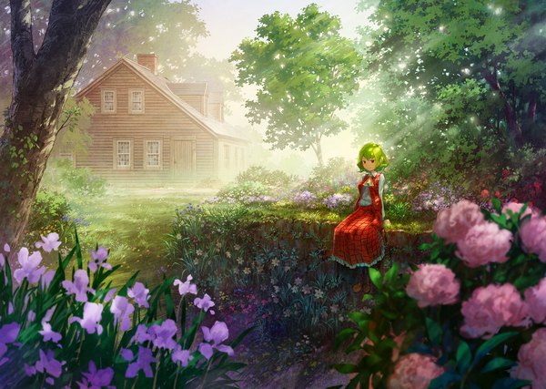 Anime picture 2000x1426 with touhou kazami yuuka miso pan single looking at viewer blush fringe highres short hair hair between eyes red eyes sitting payot sky full body bent knee (knees) green hair light smile sunlight blurry