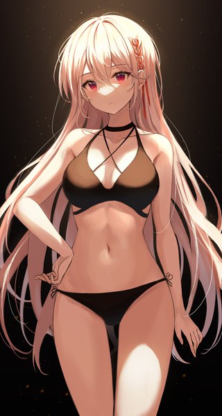 Anime picture 1078x2024 with original ekina (1217) single long hair tall image looking at viewer fringe breasts light erotic simple background hair between eyes red eyes large breasts standing payot pink hair cleavage braid (braids) head tilt multicolored hair