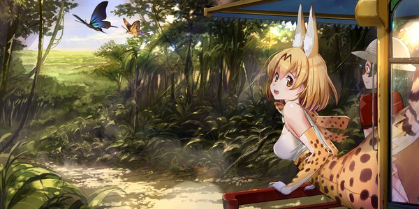 Anime picture 4000x2000 with kemono friends serval (kemono friends) kaban (kemono friends) akasaai blush fringe highres short hair open mouth black hair blonde hair smile hair between eyes wide image multiple girls brown eyes animal ears tail :d animal tail