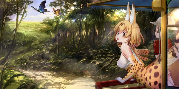 Anime-Bild 4000x2000 mit kemono friends serval (kemono friends) kaban (kemono friends) akasaai blush fringe highres short hair open mouth black hair blonde hair smile hair between eyes wide image multiple girls brown eyes animal ears tail :d animal tail