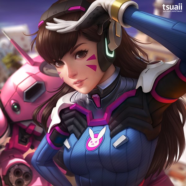 Anime picture 900x900 with overwatch blizzard entertainment d.va (overwatch) meka (overwatch) tsuaii single long hair fringe breasts brown hair brown eyes signed upper body blunt bangs lips realistic inscription facial mark whisker markings salute