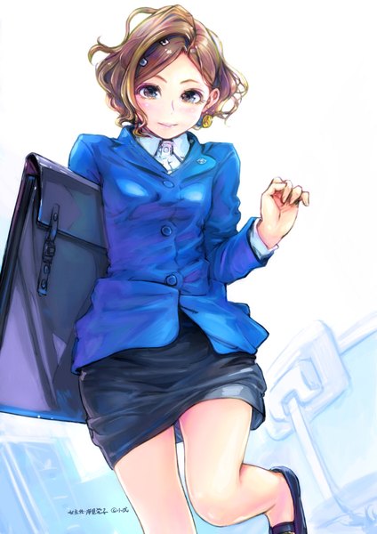 Anime picture 849x1200 with onna shunin kishi mieko kishi mieko carina (xiaowoo) single tall image looking at viewer blush short hair simple background smile brown hair standing purple eyes long sleeves parted lips standing on one leg office lady girl skirt earrings