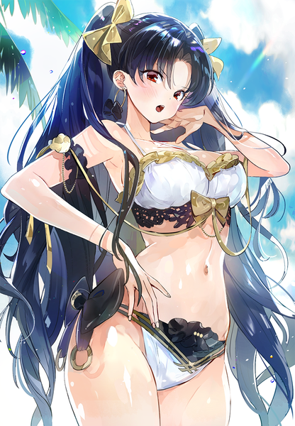 Anime picture 800x1152 with fate (series) fate/grand order ishtar (fate) a2ki single long hair tall image blush breasts open mouth light erotic black hair red eyes standing sky cloud (clouds) outdoors two side up hand on hip adjusting hair