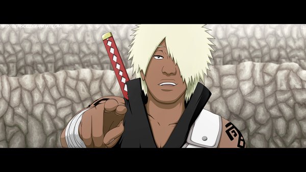 Anime picture 1280x720 with naruto studio pierrot naruto (series) darui deiviscc single fringe short hair open mouth smile wide image white hair black eyes hair over one eye tattoo coloring pointing boy weapon sword