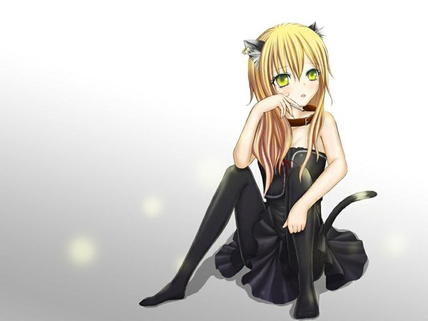Anime picture 1024x768 with belukueru (artist) single long hair blonde hair sitting green eyes animal ears cat ears cat tail girl dress collar