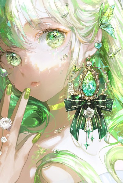 Anime picture 750x1116 with original pla4neta single long hair tall image looking at viewer green eyes upper body nail polish green hair shaded face fingers together green nail polish girl flower (flowers) choker insect butterfly gem single earring