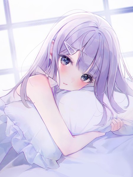 Anime picture 3000x4000 with original eumi 114 single long hair tall image looking at viewer blush fringe highres purple eyes lying black eyes sleeveless anaglyph pillow hug girl window hairclip pillow bedsheet