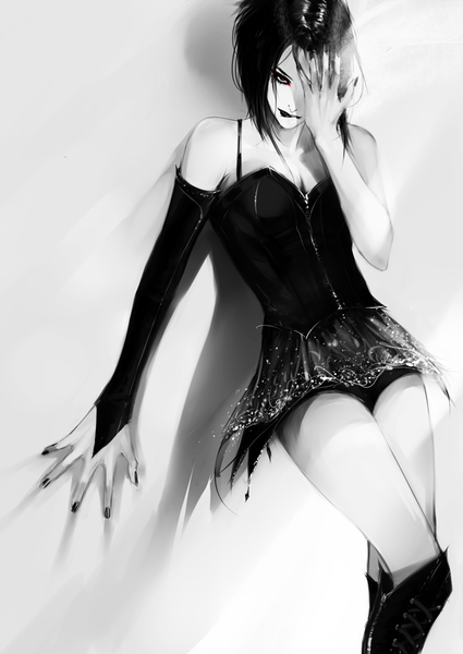 Anime picture 708x1000 with original heleness tall image looking at viewer short hair black hair simple background white background nail polish black eyes grey background shadow monochrome black nail polish hand on face covering eye (eyes) girl dress short dress knee boots