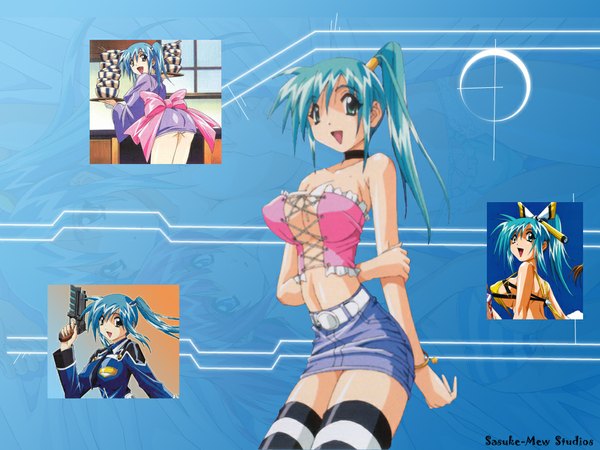 Anime picture 1024x768 with divergence eve kureha misaki long hair looking at viewer breasts light erotic ponytail red hair aqua hair huge breasts blue background multiple persona girl thighhighs navel uniform bow weapon hair bow gun