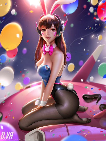 Anime picture 6000x8000 with overwatch blizzard entertainment d.va (overwatch) meka (overwatch) liang xing single long hair tall image looking at viewer fringe highres breasts light erotic brown hair sitting bare shoulders brown eyes signed animal ears absurdres