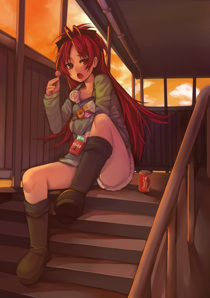 Anime picture 1000x1414 with mahou shoujo madoka magica shaft (studio) coca-cola sakura kyouko hitoto long hair tall image blush open mouth red eyes sitting ponytail red hair legs girl shorts boots sweets lollipop pocky