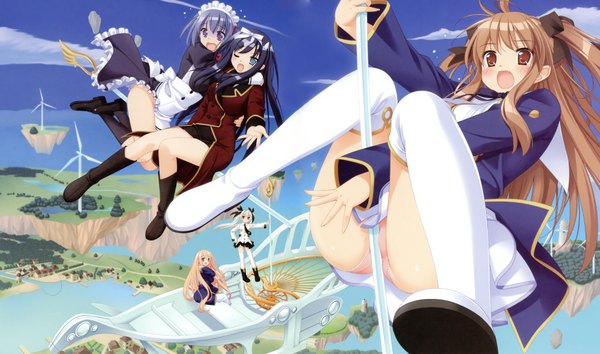 Anime picture 2000x1183 with highres light erotic black hair brown hair wide image purple eyes twintails multiple girls maid pantyshot pantyshot sitting flying floating island girl 5 girls aircraft island airship