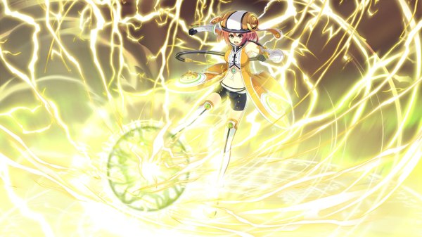 Anime picture 1280x720 with 1/7 no mahoutsukai konoe kana tel-o single blush short hair open mouth wide image brown eyes pink hair game cg bare belly magic angry lightning girl gloves shorts clothes magic circle