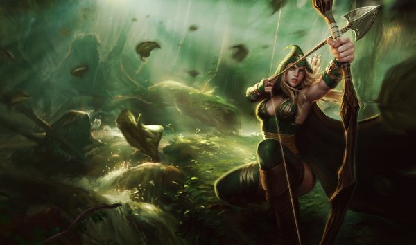Anime picture 1215x717 with league of legends ashe (league of legends) long hair blue eyes blonde hair wide image girl thighhighs plant (plants) tree (trees) leaf (leaves) cloak forest bow (weapon) arrow (arrows)