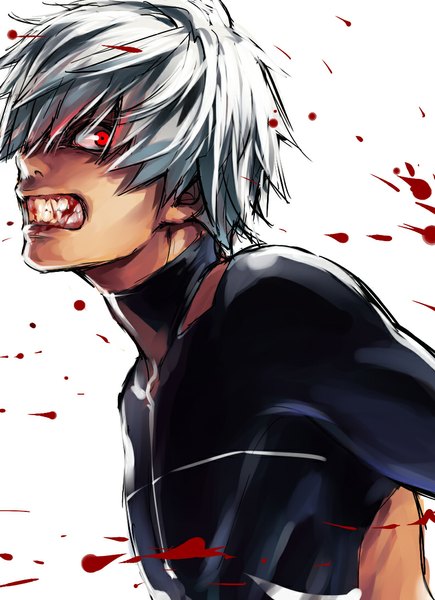 Anime picture 790x1090 with tokyo ghoul studio pierrot kaneki ken shiromi (ringo) single tall image short hair red eyes white background white hair teeth grin angry clenched teeth boy blood bodysuit splashes