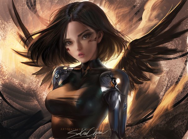 Anime picture 995x733 with battle angel alita gally sakimichan single looking at viewer short hair breasts brown hair brown eyes signed upper body head tilt realistic angel wings black wings face paint mechanical arms girl wings android