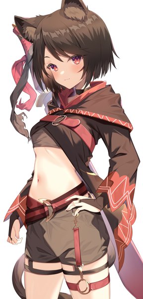 Anime picture 1923x4000 with original jun (aousa0328) single tall image looking at viewer blush fringe highres short hair breasts simple background red eyes brown hair standing white background animal ears tail animal tail light smile cat ears