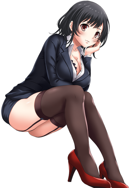 Anime picture 1000x1414 with kantai collection takao heavy cruiser sakiyamama single tall image looking at viewer blush fringe short hair breasts light erotic black hair simple background large breasts white background sitting brown eyes cleavage bent knee (knees) light smile