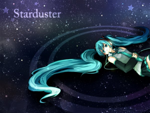Anime picture 1000x750 with vocaloid starduster (vocaloid) hatsune miku tama (songe) single long hair blush smile twintails bare shoulders lying pleated skirt aqua eyes aqua hair inscription space girl detached sleeves headphones star (stars)