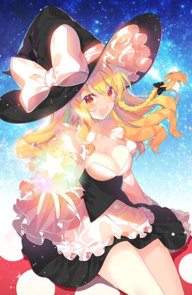 Anime picture 784x1200 with touhou kirisame marisa roh nam kyung single long hair tall image breasts open mouth light erotic blonde hair large breasts sitting yellow eyes cleavage braid (braids) from above outstretched arm shaded face side braid multicolored eyes