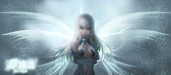 Anime picture 1800x800 with fufu single long hair looking at viewer fringe highres breasts light erotic hair between eyes wide image large breasts yellow eyes white hair white wings multiple wings girl wings