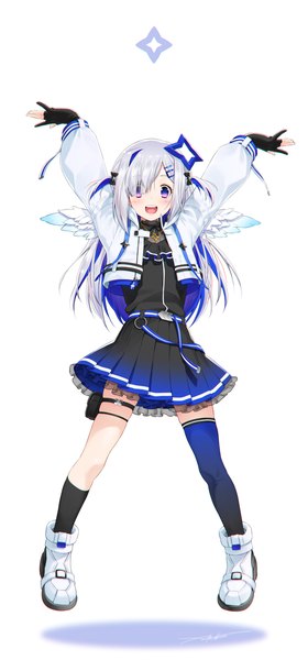 Anime picture 1402x3000 with virtual youtuber hololive amane kanata amane kanata (3rd costume) kazuma muramasa single long hair tall image looking at viewer open mouth simple background standing white background purple eyes silver hair full body :d multicolored hair arms up teeth