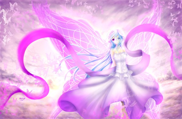 Anime picture 3800x2500 with original ulquiorra0 single long hair highres blue hair absurdres pink eyes insect wings butterfly wings girl dress wings insect butterfly