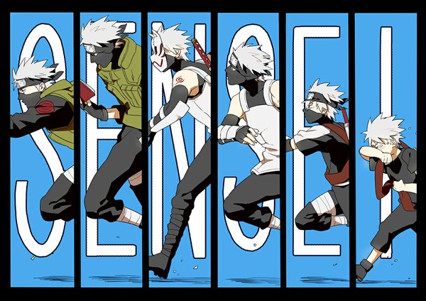 Anime picture 1178x833 with naruto studio pierrot naruto (series) hatake kakashi kaiyou short hair holding silver hair tattoo multiview crying running reading column lineup boy weapon boots hairband armor fingerless gloves
