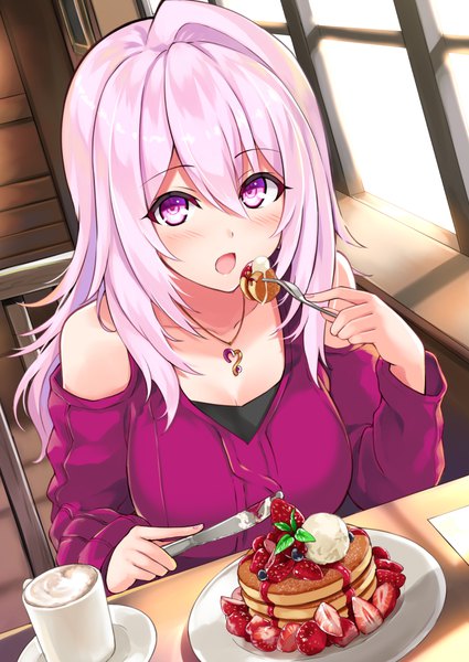 Anime picture 708x1000 with cu-no yayoi sakura hisenkaede single long hair tall image looking at viewer blush fringe breasts open mouth hair between eyes sitting purple eyes pink hair upper body sunlight :o dutch angle eating