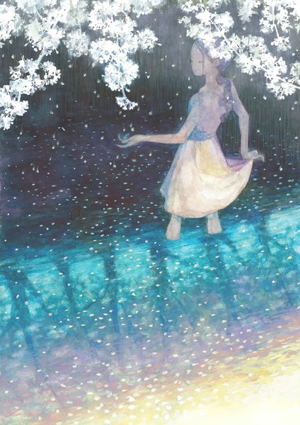Anime picture 778x1100 with original emimino single long hair tall image standing holding purple hair back girl dress flower (flowers) plant (plants) petals tree (trees)