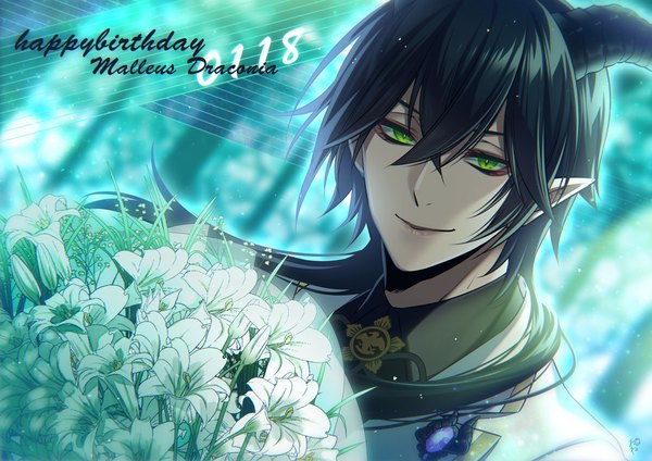 Anime picture 1300x919 with twisted wonderland malleus draconia suzuka nene single long hair fringe black hair smile hair between eyes green eyes horn (horns) pointy ears character names dated happy birthday boy flower (flowers) bouquet
