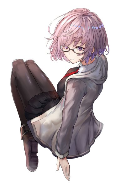 Anime picture 725x1125 with fate (series) fate/grand order mash kyrielight juu roku gen single tall image short hair simple background white background purple eyes looking away pink hair full body light smile from above girl pantyhose glasses black pantyhose