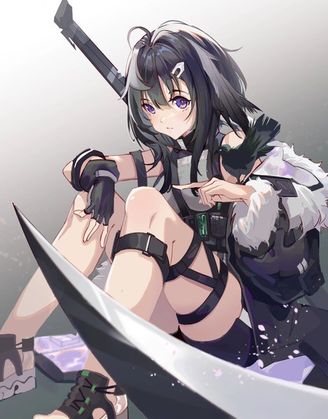 Anime picture 1600x2047 with arknights la pluma (arknights) luomuzhen single tall image looking at viewer fringe short hair black hair simple background hair between eyes purple eyes ahoge grey background bird on hand girl gloves weapon animal hairclip